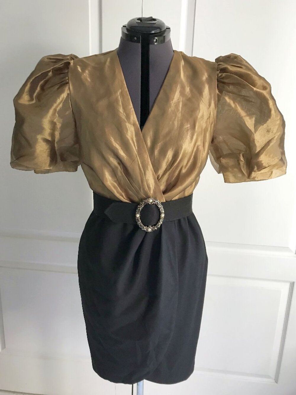 Vintage Dave & Johnny Wrap Dress with Dark Gold Top & Black Skirt, Size 9-10